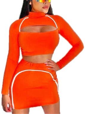 Neon Orange Cutout Bodycon Mini Skirt Set - Women's Two-Piece